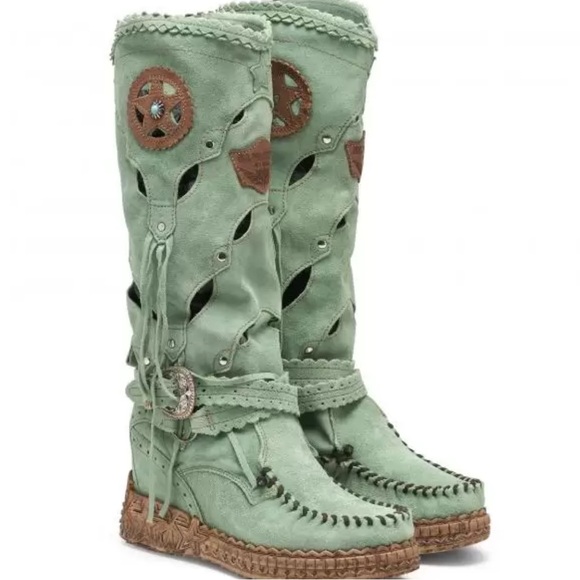 El Vaquero Mirea Silverstone Green Wedge Mocassin Boots!! NEW W/TAGS, dust bag - Picture 2 of 9